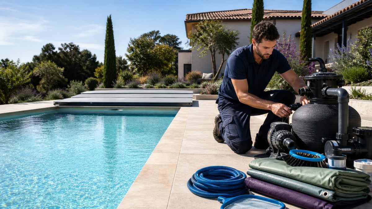 Technicien préparant les équipements d’une piscine