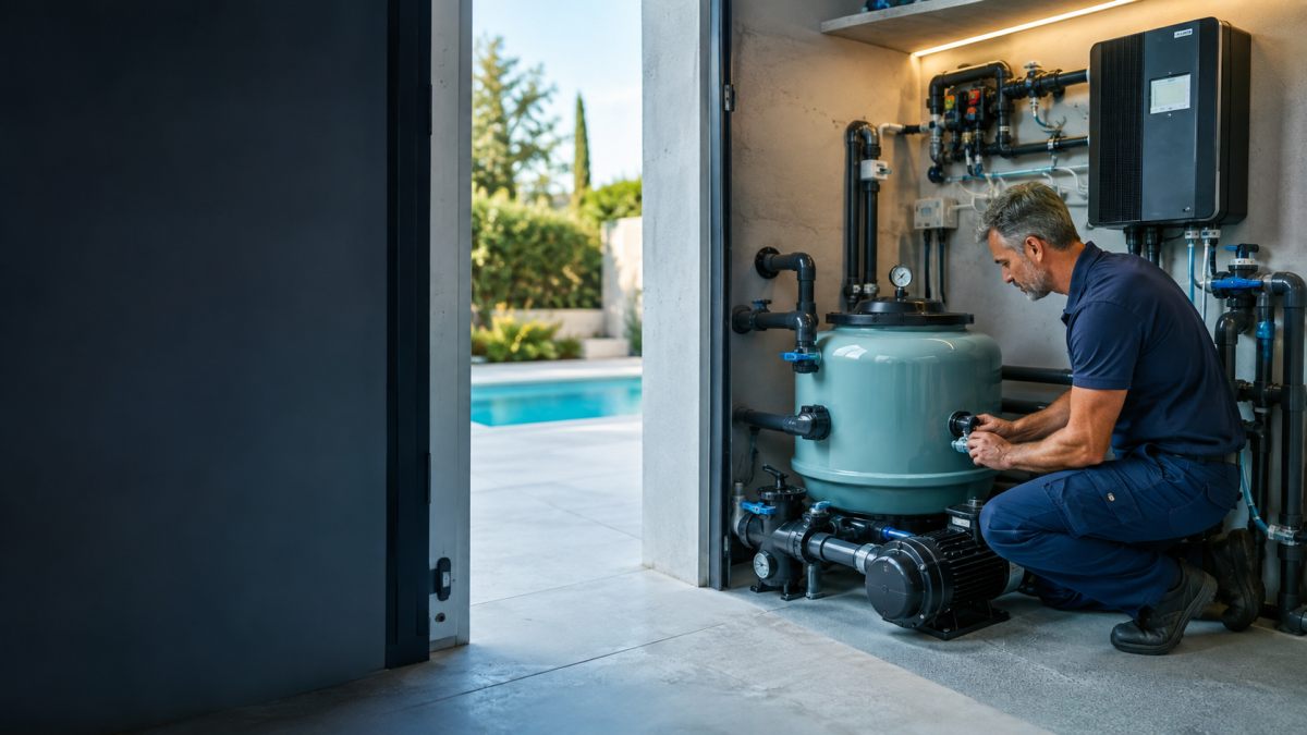 Technicien vérifiant une filtration de piscine