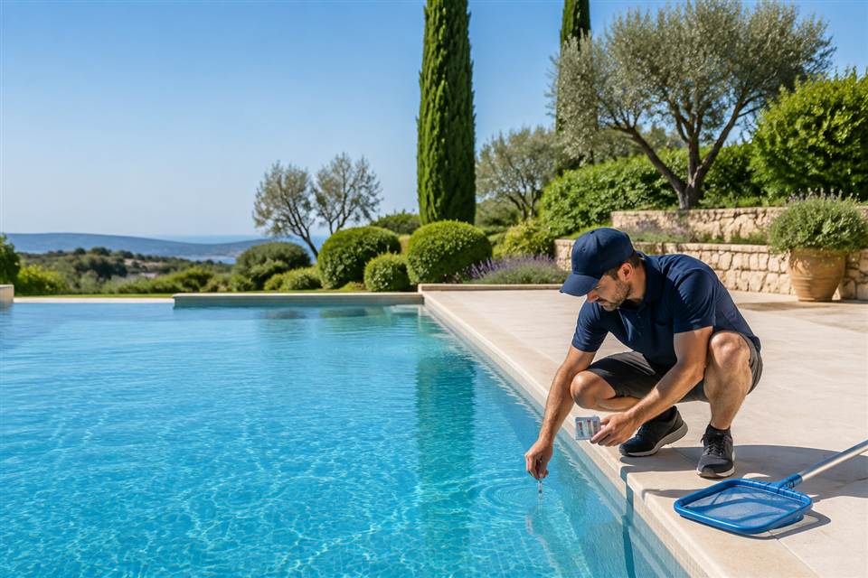 Technicien réalisant l’entretien d’une piscine