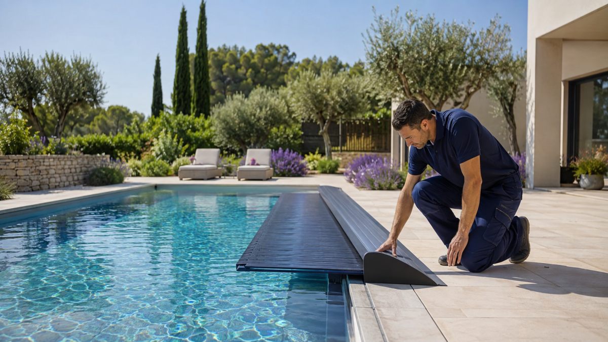 Technicien vérifiant une couverture de piscine