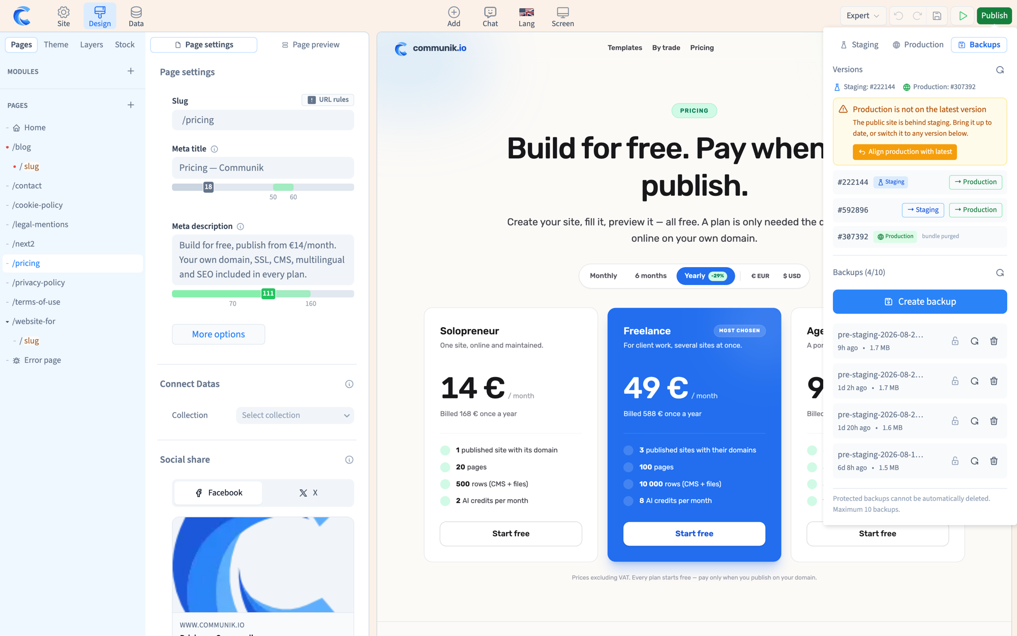 The Communik publish panel: staging and production version numbers, a button to switch either target to any earlier version, and the list of automatic backups