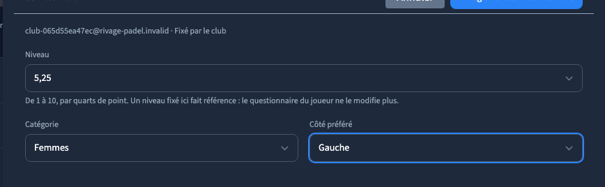 Le profil regroupe niveau, catégorie et côté préféré.