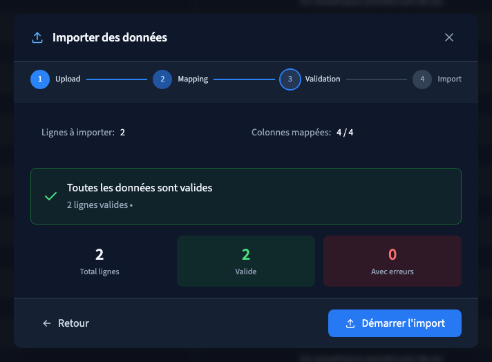 Le contrôle annonce les lignes valides avant l’import.