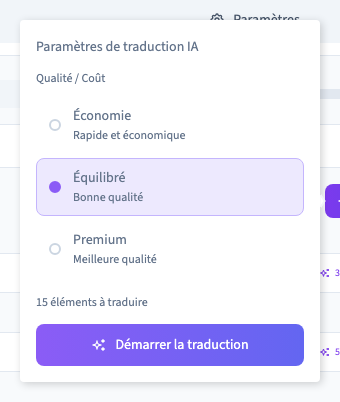 Les options du lot et le nombre de textes à traduire.