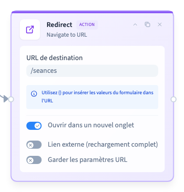 La redirection reliée au clic, avec le nouvel onglet activé.