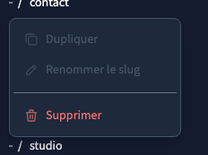Le menu de la page propose Dupliquer, Renommer le slug et Supprimer.
