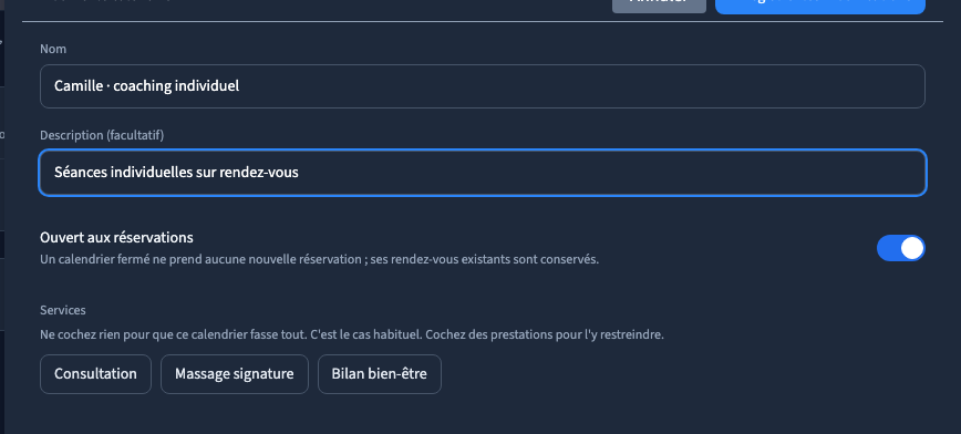 Le calendrier représente la personne ou la salle disponible