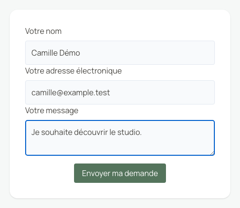 Une demande remplie avec des coordonnées fictives.