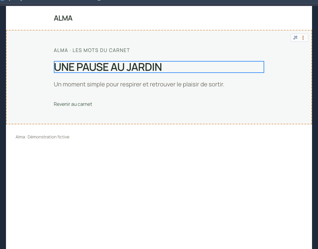 Le titre du jardin est affiché en majuscules ; sa valeur CMS est conservée.