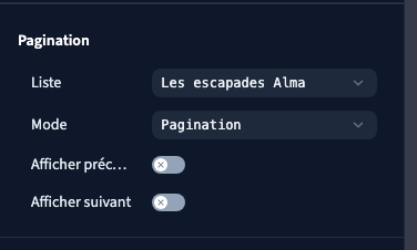 La source de la pagination est l’élément qui répète les escapades.