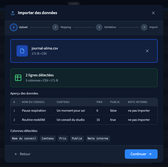 Deux conseils et une colonne interne dans le fichier.