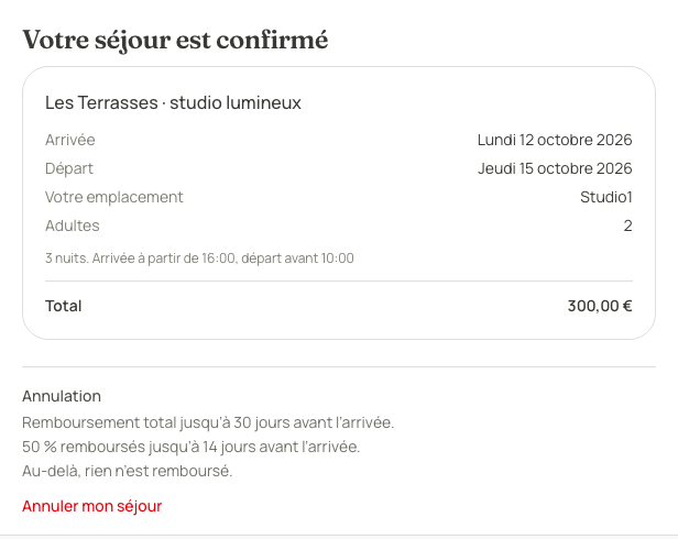 Le voyageur retrouve son logement, ses dates et son unité.
