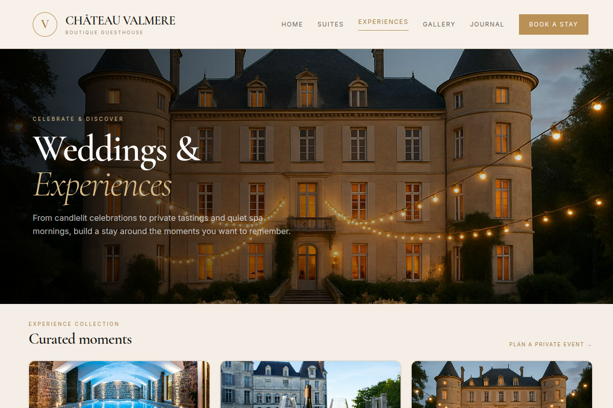 Château Valmere Experiences and Weddings page, captured from the real Communik staging site