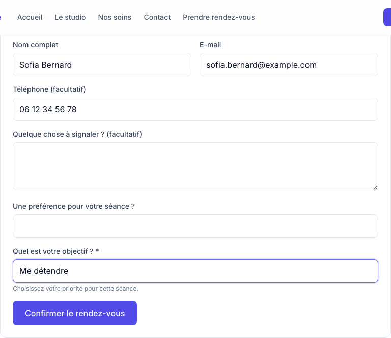 Les questions dans le formulaire réel du client