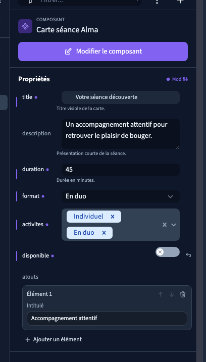 Le panneau regroupe les valeurs propres à cette carte.