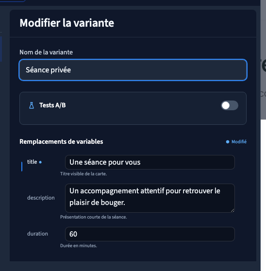 Une variante remplace les valeurs des propriétés préparées.