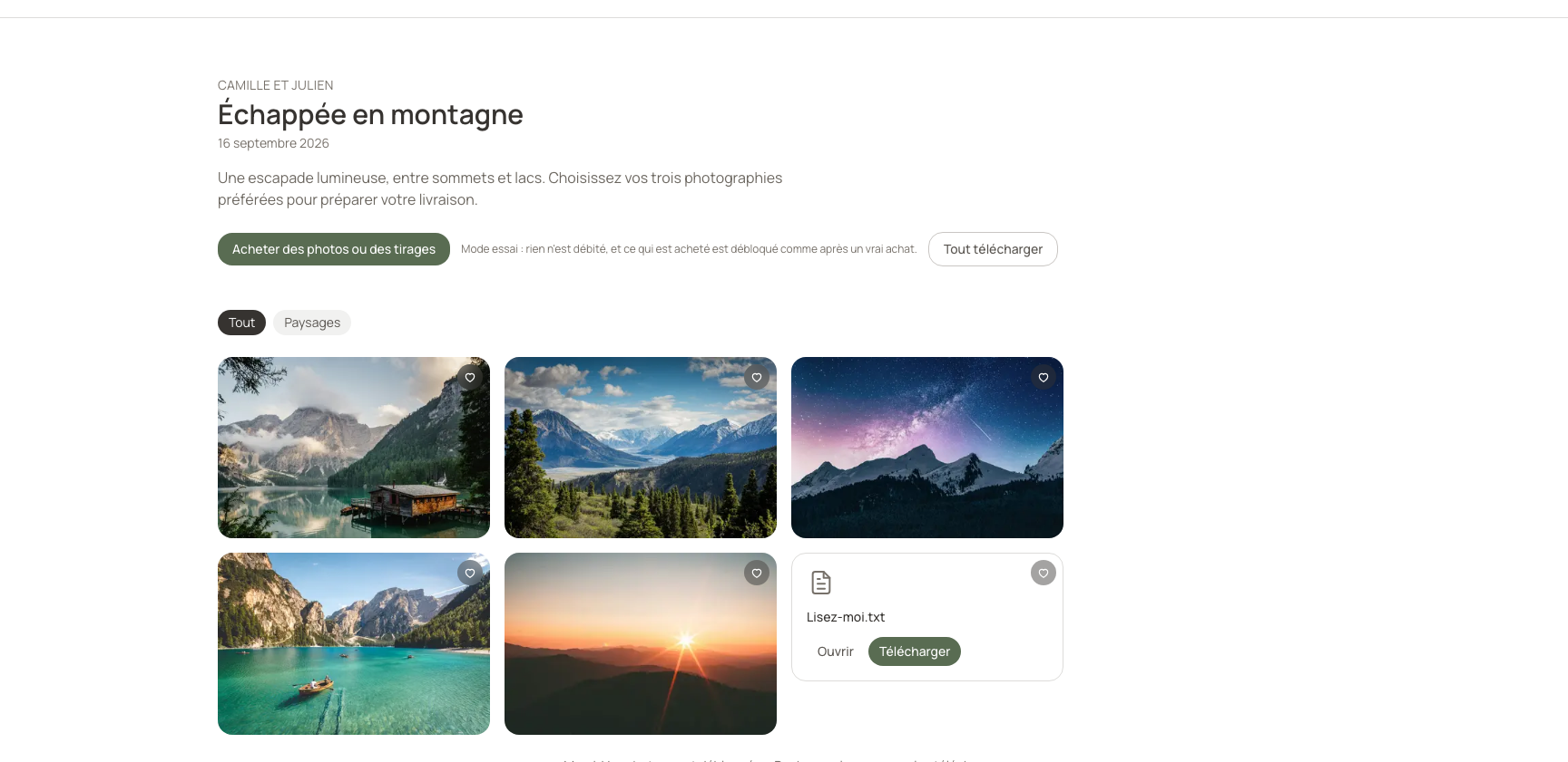 Une commande d’essai débloque réellement les photos achetées dans la démonstration.