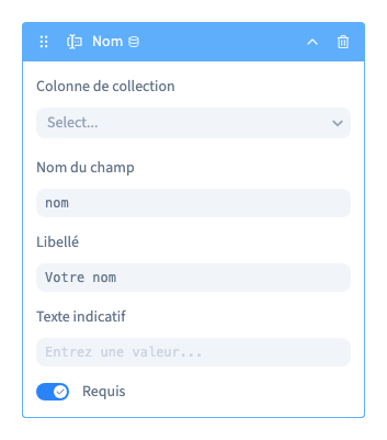Un libellé visible et un nom stable pour le champ.