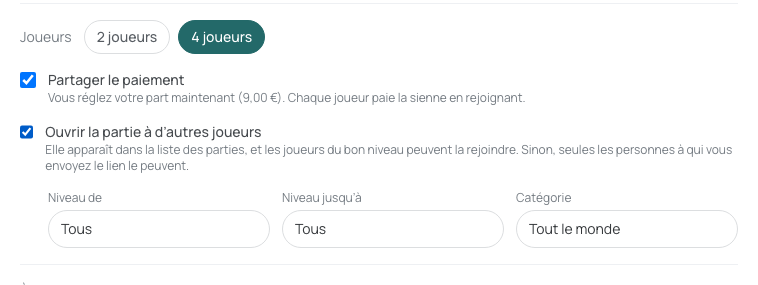 La partie propose quatre places et le partage du paiement.