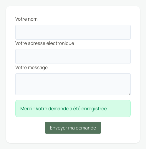 La confirmation indique que la demande est enregistrée.