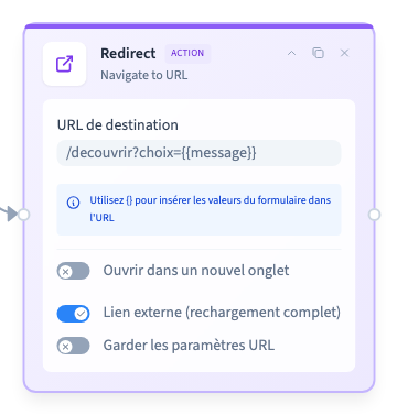 La destination contient la référence au champ message.