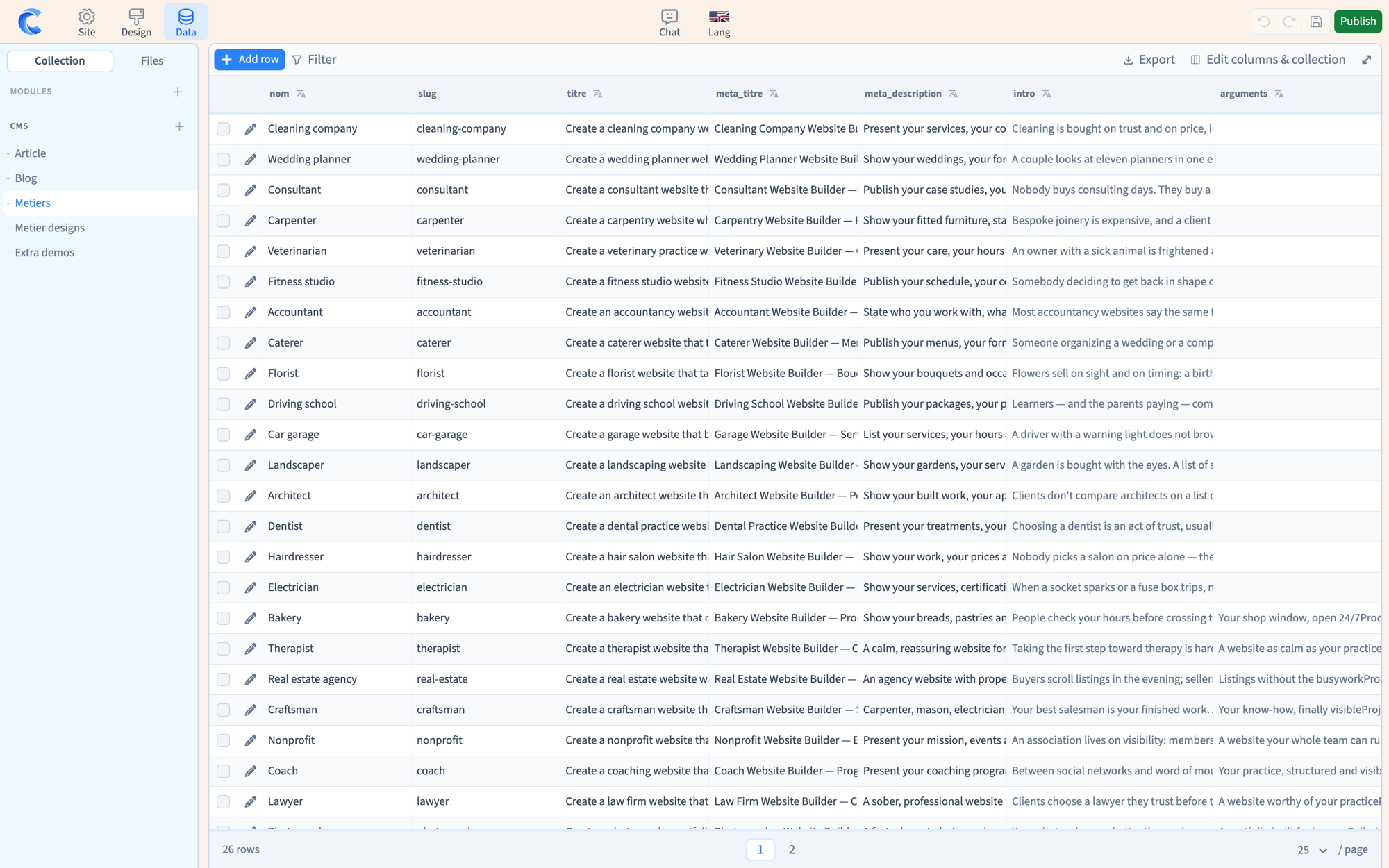 The Communik editor in Data mode: a CMS collection of trades shown as a table, with columns for name, slug, title, meta title and meta description