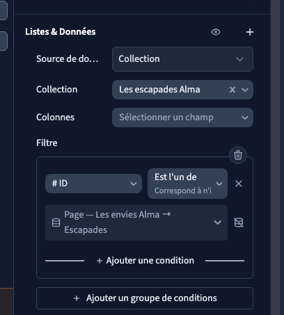 Le filtre utilise la relation Escapades de la page, plutôt qu’une valeur fixe.