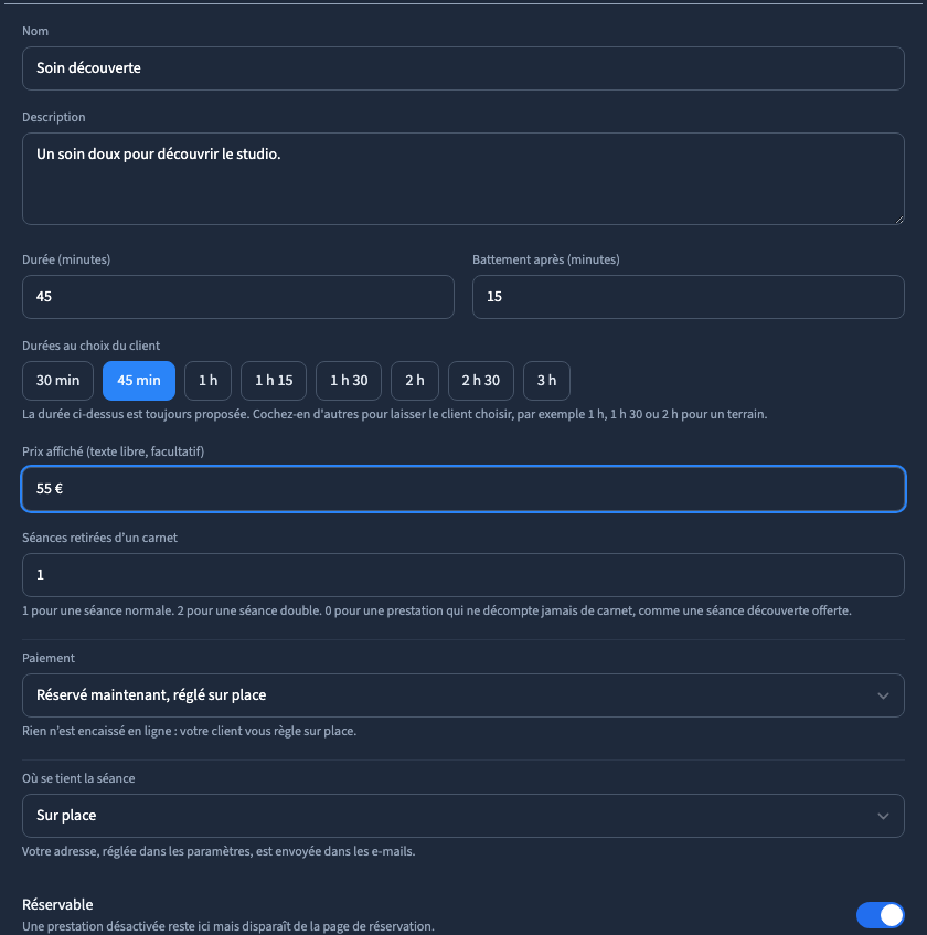 Les informations à renseigner pour une prestation