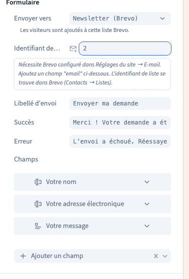 La liste Brevo et les prérequis de connexion.