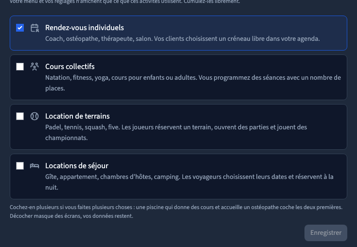 Le choix des activités adapte le menu sans supprimer les données