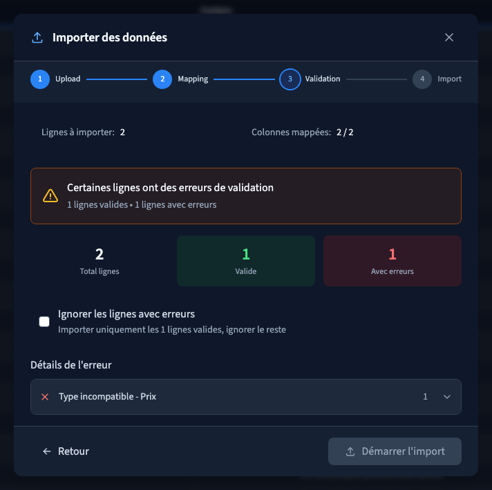 Une ligne valide et une ligne incorrecte.