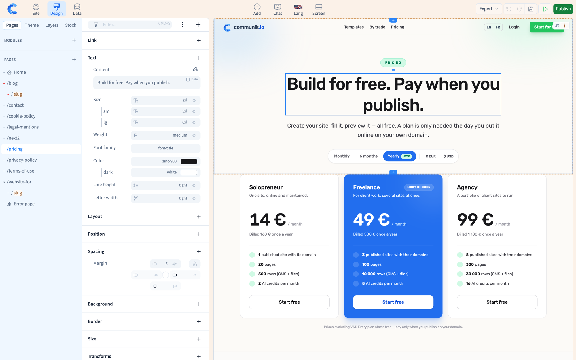 The Communik editor in Design mode: a title selected on the pricing page, with the style panel open on text, layout, spacing, background, border and size