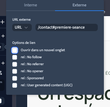 L’ancre est configurée et le nouvel onglet désactivé.