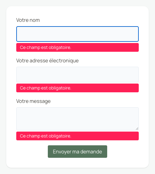 Un champ obligatoire vide empêche l’envoi.