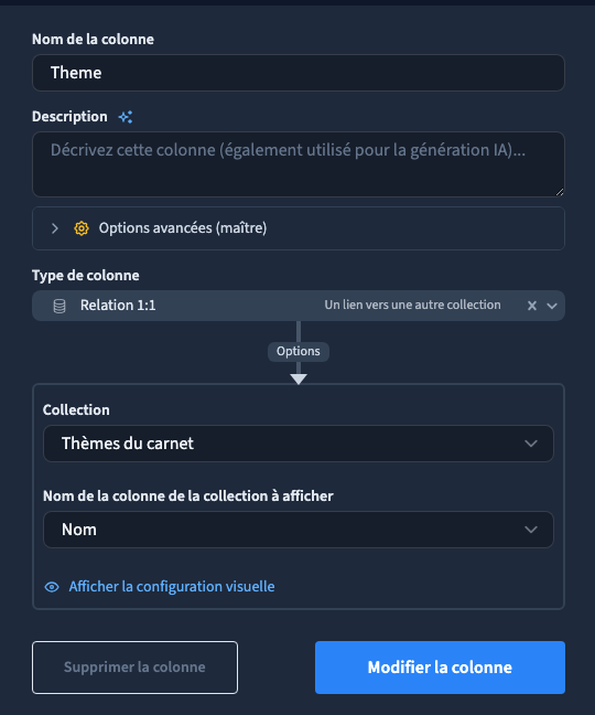 La collection cible et le champ Nom définissent les choix lisibles.