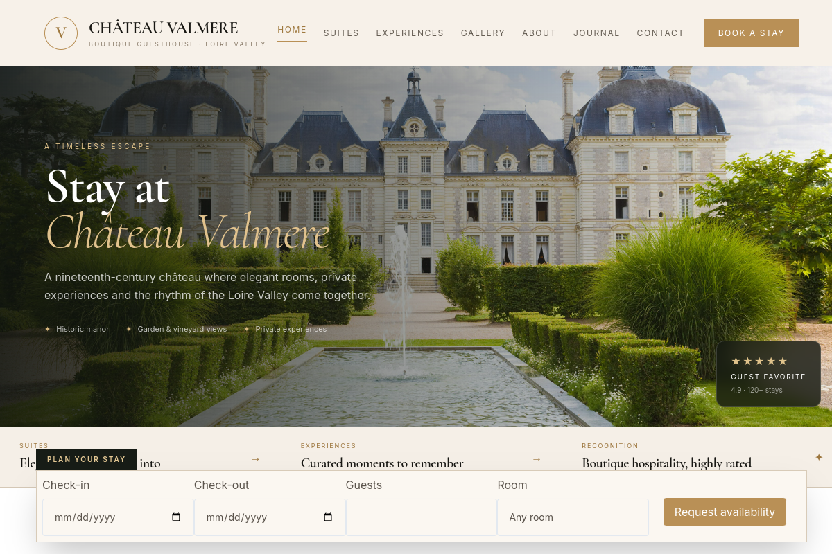 Final Château Valmere homepage with booking request form, captured from the real Communik staging site