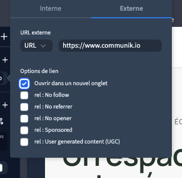 L’adresse externe et le choix du nouvel onglet.