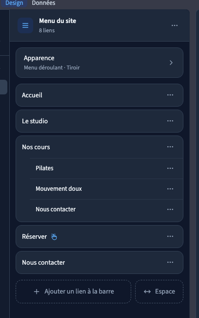 La liste distingue la barre et ses sous-liens.