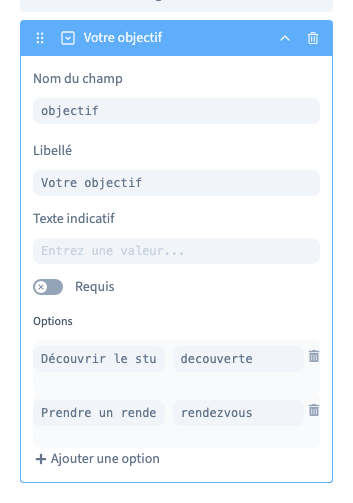 Deux libellés visibles et deux valeurs enregistrées.