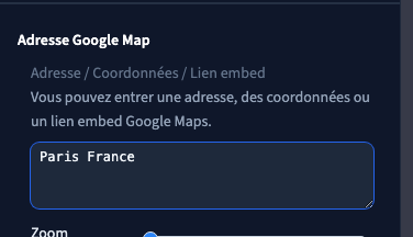 L’adresse ou le lieu est saisi dans le réglage de la carte.