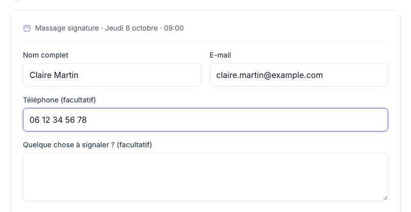 Les coordonnées avant confirmation