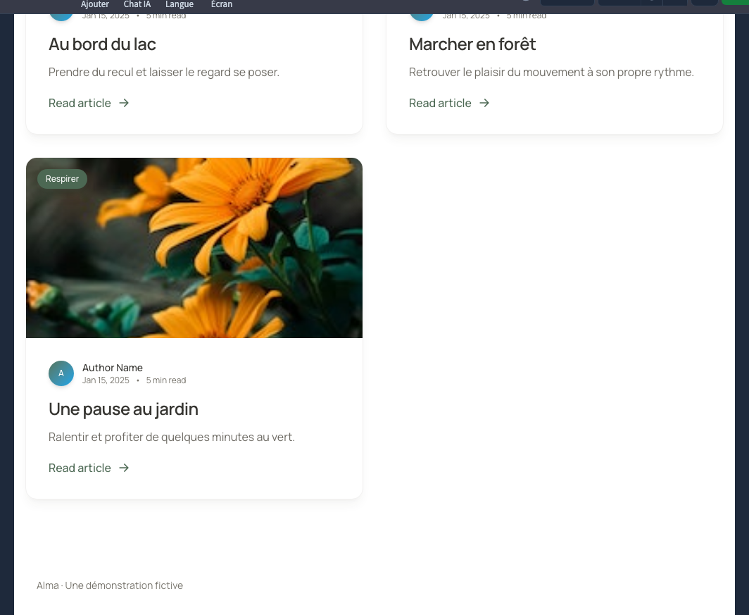 Les cartes reprennent les images, titres et résumés des fiches.