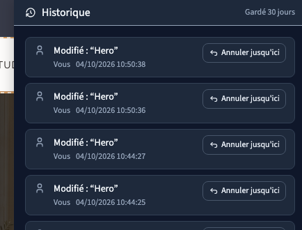 L’historique montre les changements, leur date et les commandes disponibles