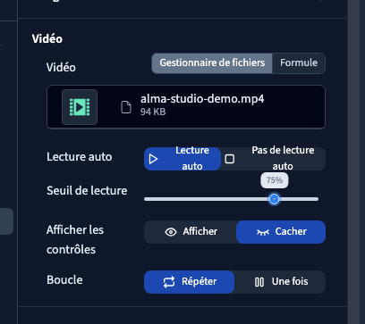 Le curseur indique 75 % de visibilité ; les contrôles peuvent être masqués en lecture automatique.