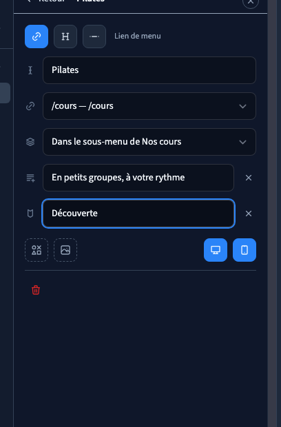 La seconde ligne et le badge d’un sous-lien.