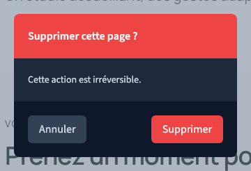 Lisez la confirmation avant de supprimer une page.