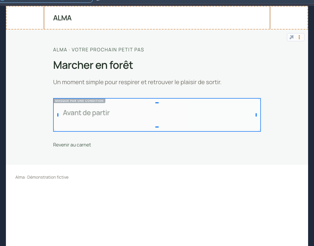 L’aperçu grisé permet de modifier l’encart ; son absence est contrôlée sur le site de test.