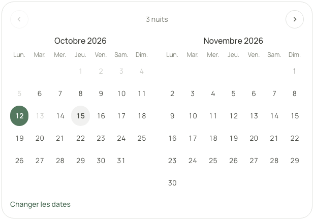 Le calendrier distingue arrivée, départ et nuits du séjour.