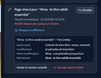 La comparaison montre avant, modification et valeur actuelle.