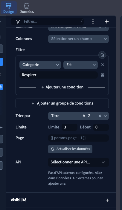 Le filtre Categorie égal Respirer conserve les fiches du jardin et du lac.